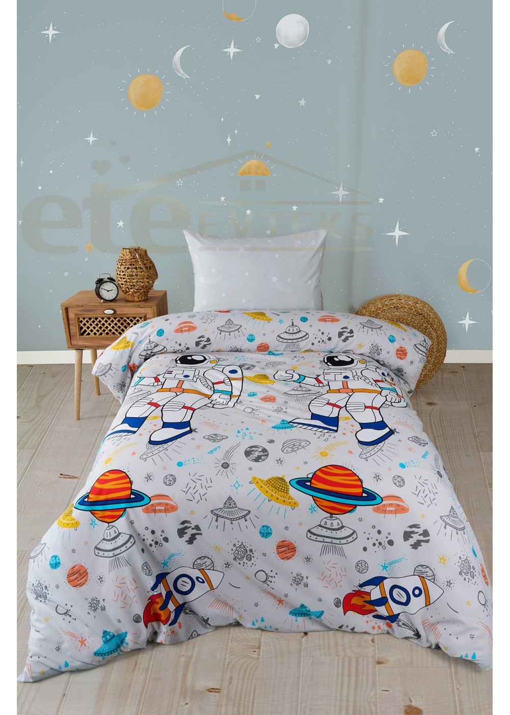 ETEHOMETEX Tek Kişilik Ranforce Pamuklu Lastikli Çarşaflı Nevresim Takımı ASTRANOT 8696474232044